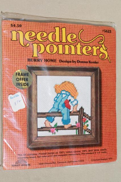 70s vintage needlepoint kits of sue & sam sunbonnet babies, quick point jiffy stitch pics to frame