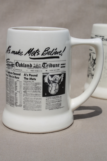70s vintage Oakland Tribune mugs with sports pages newspaper headlines