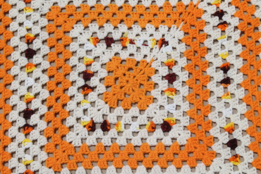 70s vintage orange & white crochet afghan, giant granny square blanket