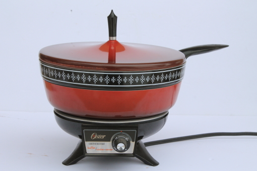 70s vintage Oster buffet cooker / server, electric chafing dish in retro flame orange red
