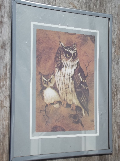 70s vintage owl print on silver mirror, retro mirror wall art