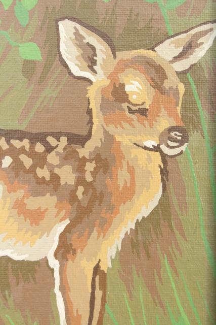 70s vintage paint by number picture, baby deer fawn framed in wood frame