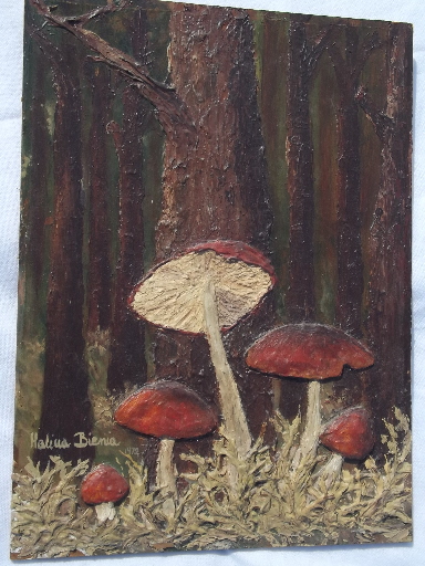 70s vintage painting, rustic woodland mushrooms in heavy paint on board