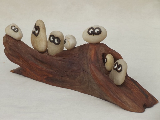 70s vintage pet rock owl family on rustic driftwood, Oolie Owls painted pebbles