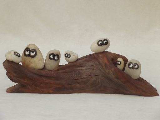 70s vintage pet rock owl family on rustic driftwood, Oolie Owls painted pebbles