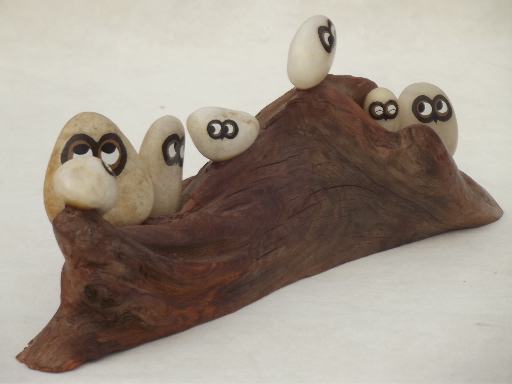 70s vintage pet rock owl family on rustic driftwood, Oolie Owls painted pebbles