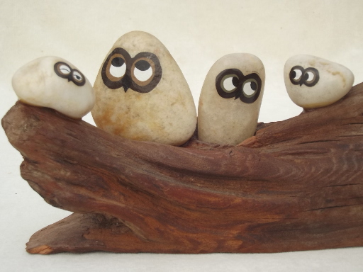 70s vintage pet rock owl family on rustic driftwood, Oolie Owls painted pebbles