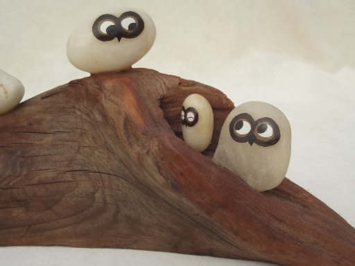 70s vintage pet rock owl family on rustic driftwood, Oolie Owls painted pebbles