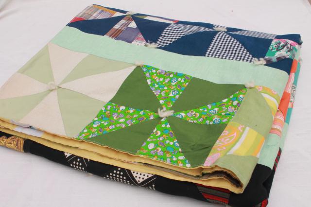 70s vintage pinwheel patchwork quilt, hand-tied cotton quilt in retro colors & prints