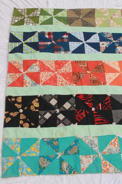 70s vintage pinwheel patchwork quilt, hand-tied cotton quilt in retro colors & prints
