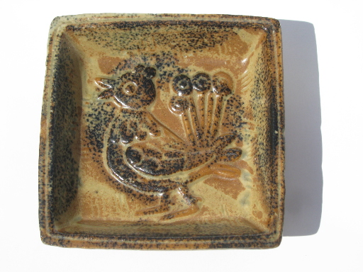 70s vintage Pottery Craft handcrafted stoneware ashtray, peacock bird