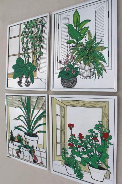 70s vintage prints on glass mirror tiles, hippie houseplants pictures mirrored wall art