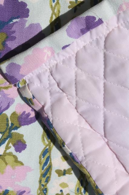 70s vintage queen size quilted cotton bedspread w/ lavender purple flowered print stripe