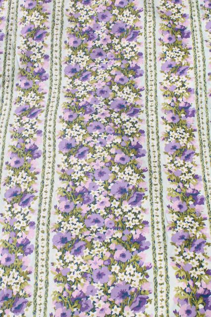 70s vintage queen size quilted cotton bedspread w/ lavender purple flowered print stripe