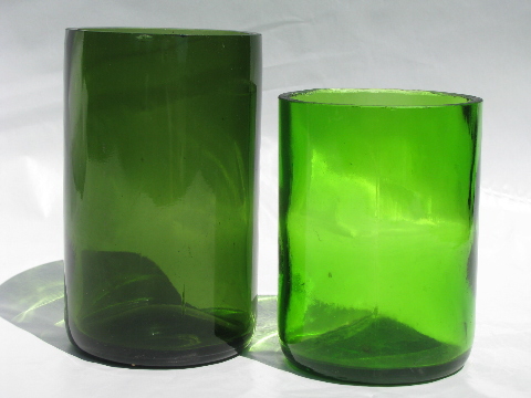 70s vintage recycled eco-chic vases, cut off green glass wine bottles