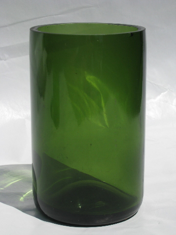 70s vintage recycled eco-chic vases, cut off green glass wine bottles