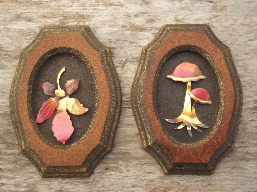 70s vintage rustic woodland wall plaques, copper mushrooms & leaves