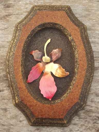 70s vintage rustic woodland wall plaques, copper mushrooms & leaves