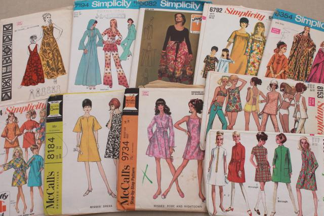 70s vintage sewing patterns, retro dresses, caftans, skimpy sun outfit hippie festival style!