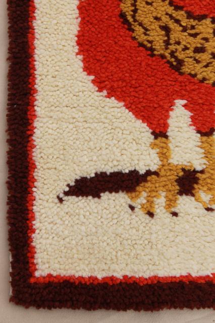 70s vintage shag rug latch hook yarn wall hanging, Scandinavian modern style rooster