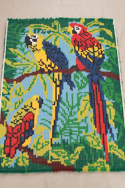 70s vintage shag rug latch hook yarn wall hanging, tropical jungle parrots macaws