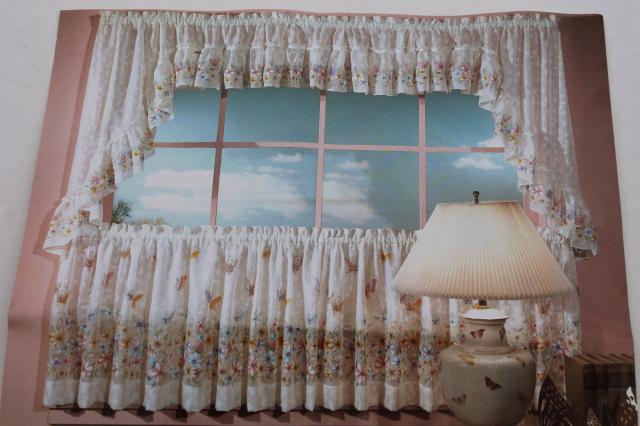 70s vintage sheer summer curtains, retro butterflies flower garden print