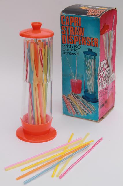 70s vintage soda straw dispenser, ice cream fountain style counter jar w/ colored plastic drinking straws