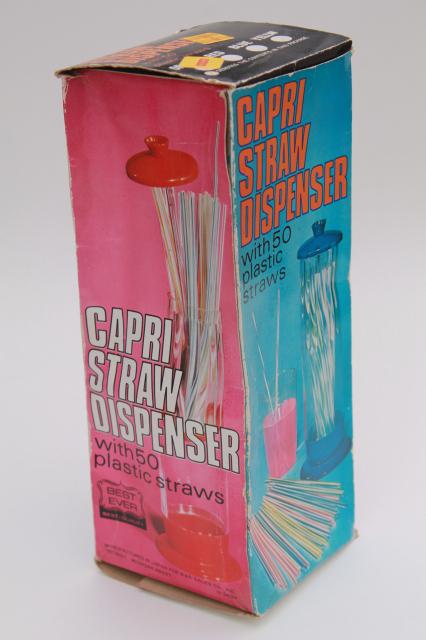 70s vintage soda straw dispenser, ice cream fountain style counter jar w/ colored plastic drinking straws