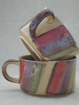 70s vintage soup bowl cups, set of large mugs    reactive glaze stoneware pottery