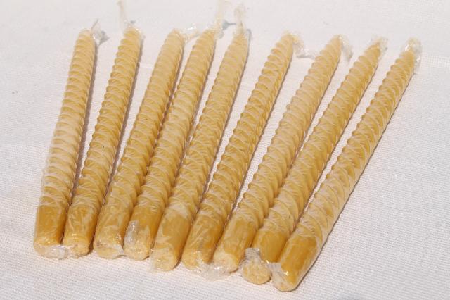 70s vintage spiral twist tall taper candles, natural beeswax amber honey gold color