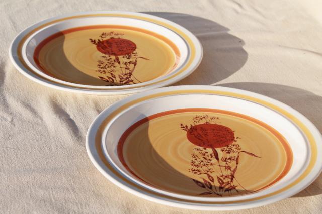 70s vintage stoneware dinner plates w/ hand painted red sun & wheat grass, Echo - Korea