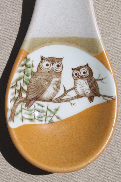 70s vintage stoneware pottery - ceramic spoon rest w/ owls, mama owl & owlet