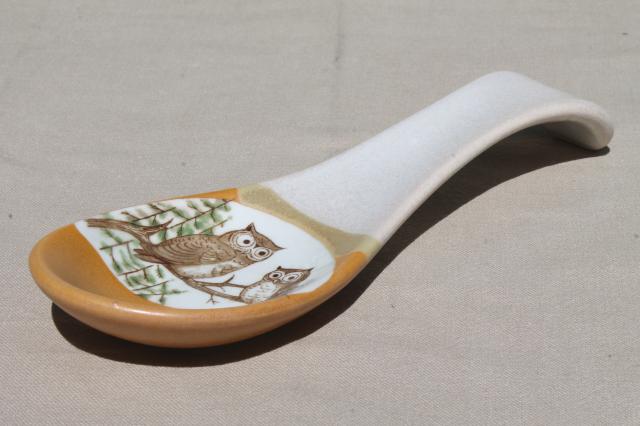 70s vintage stoneware pottery - ceramic spoon rest w/ owls, mama owl & owlet
