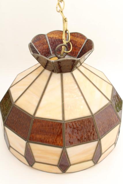 70s vintage swag lamp pendant light w/ amber & caramel slag stained glass leaded glass shade