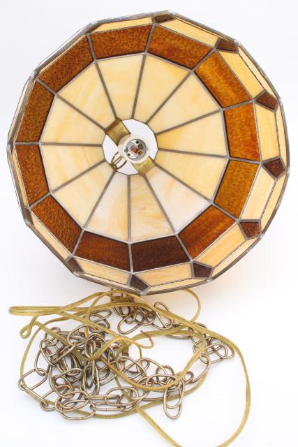 70s vintage swag lamp pendant light w/ amber & caramel slag stained glass leaded glass shade