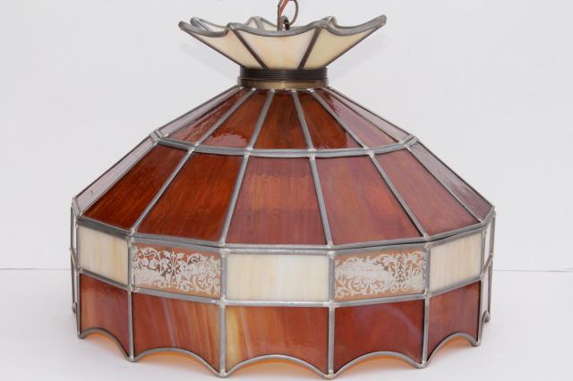 70s vintage swag lamp pendant light w/ amber stained glass leaded glass shade
