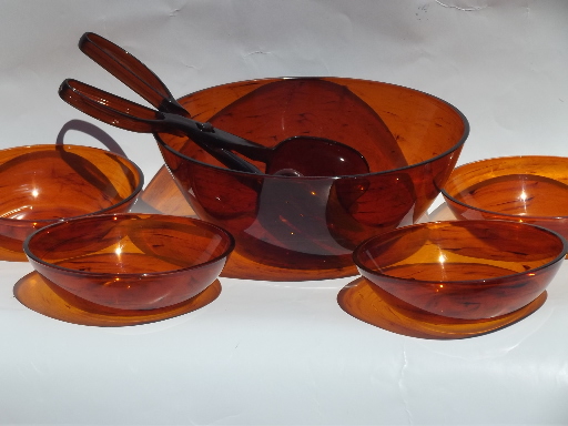 70s vintage tortoise shell plastic dishes, retro summer serving pieces