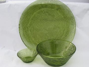 70s vintage verde green glass salad / crudites set, retro Soreno platter & bowls