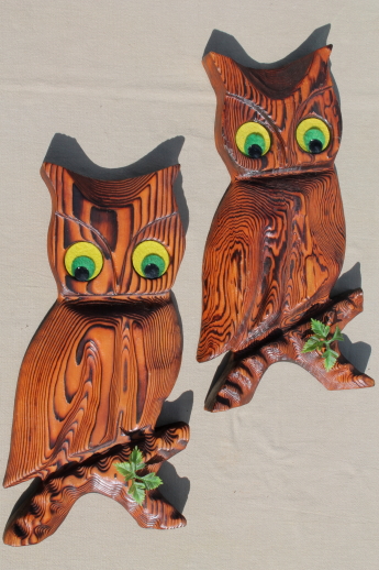 70s vintage wood rustic carved wood owls, collection of wall art wooden owl plaques