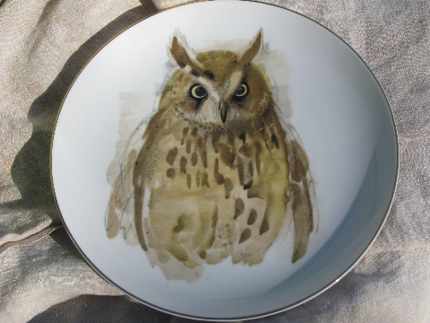 70s Woodland Haven china collector's plate w/ owl, vintage Enesco