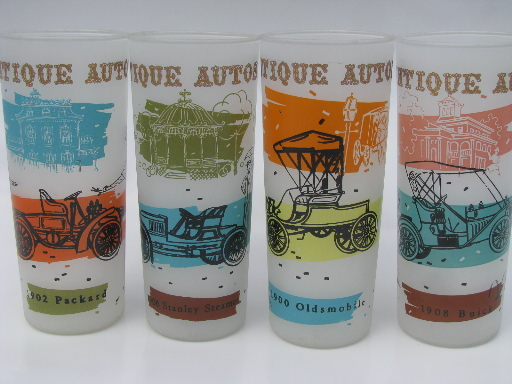 8 tall cooler glasses, Antique Autos print swanky swigs vintage 50s