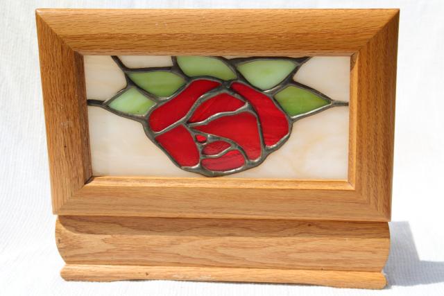80s 90s vintage stained leaded glass jewelry box, Beauty and the Beast red rose