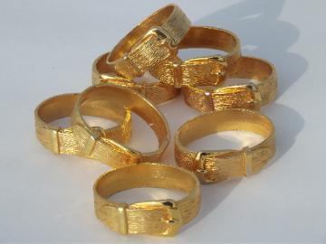 80s retro belted napkin rings set, gold tone metal belt and buckle