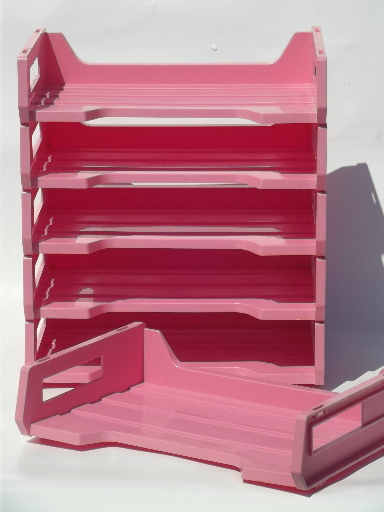 80s retro pink plastic stacking paper trays for office, studio crafts