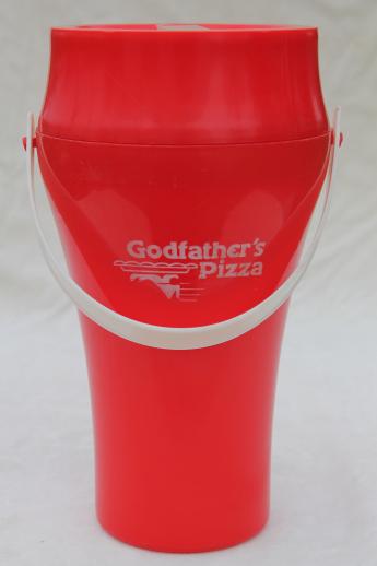 80s vintage Coke / Godfather Pizza Coca-Cola drink bottle pitcher w/ carrier handle