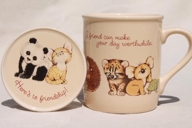 80s vintage Hallmark Mug Mates cup & coaster / lid set, A Friend Can Make Your Day