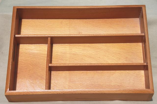 80s vintage birch hardwood utensil tray organizer box, Scandinavian modern style 