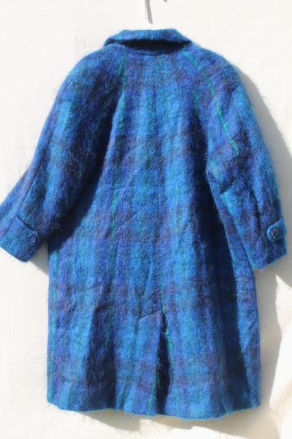 80s vintage blue plaid wool mohair overcoat, single breasted oversize reefer coat ladies 12