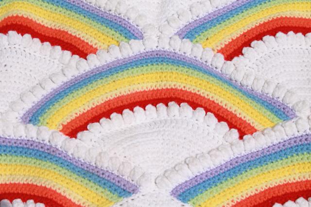 80s vintage crochet afghan rainbows in the clouds, retro rainbow brite colors
