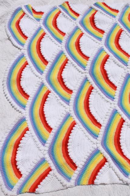 80s vintage crochet afghan rainbows in the clouds, retro rainbow brite colors